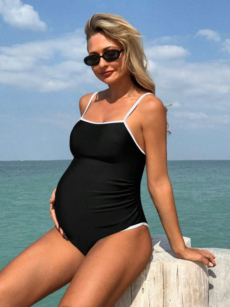 SHEIN Pregnant Women's Elegant Vacation Black & White Contrast Binding Maternity One-Piece Swimsuit, For Summer Beach | SHEIN