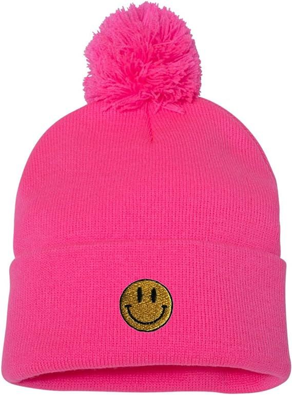 Go All Out Adult Smiley Face Embroidered Knit Beanie Pom Cap | Amazon (US)