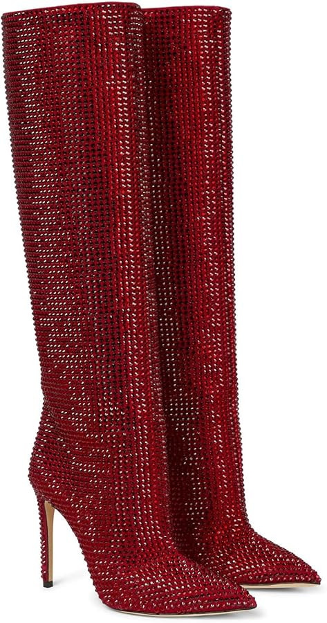 THESHY Women's Stiletto Knee High Boots Rhinestones Pointy Long Boots Crystal Pull on Thigh High ... | Amazon (US)