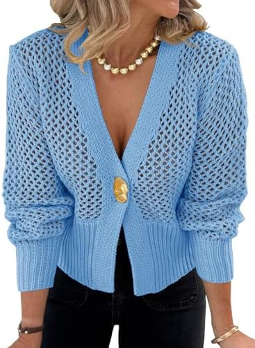 Cicy Bell Womens Cropped Crochet Cardigans Hollow Out Button Down Lantern Sleeve Knit Sweaters Ca... | Amazon (US)
