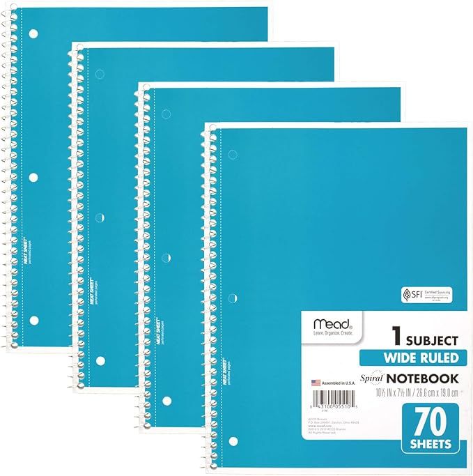 Mead Spiral Notebooks, 1 Subject, Wide Ruled Paper, 70 Sheets, 10-1/2 x 7-1/2 inches, Blue, 4 Pac... | Amazon (US)
