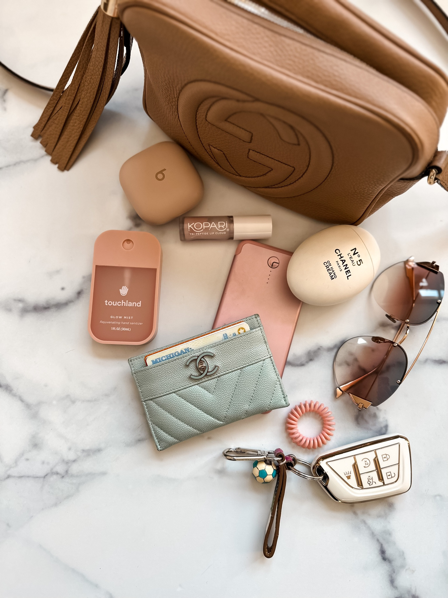 What’s in my bag 
Daily essentials 
Gucci soho bag 
Chanel iPhone battery pack charger Amazon must haves 