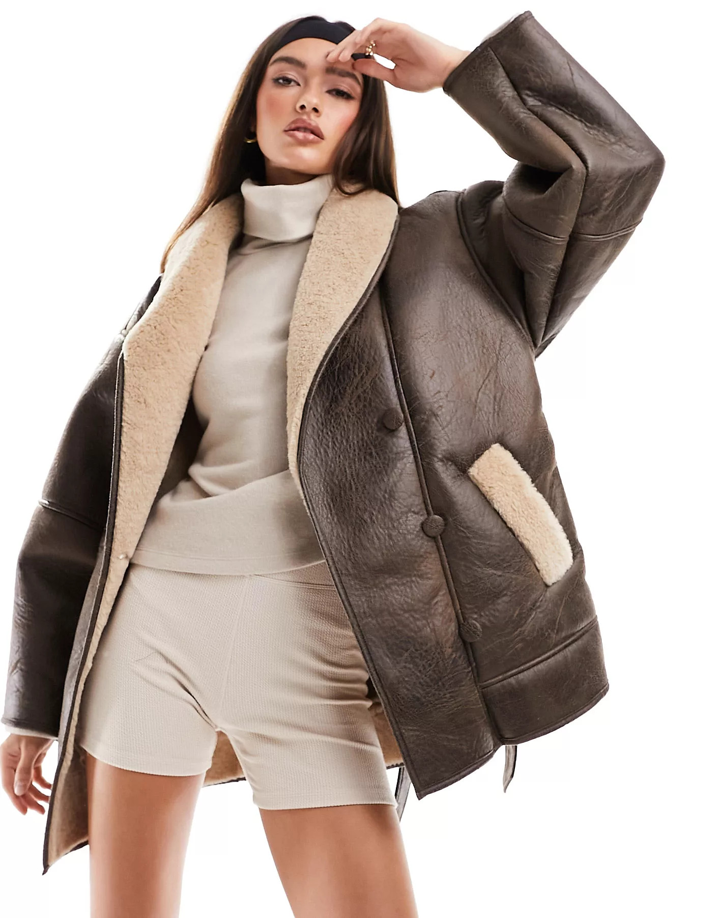 NA-KD x Hanna Schonberg belted shearling jacket in brown | ASOS (Global)
