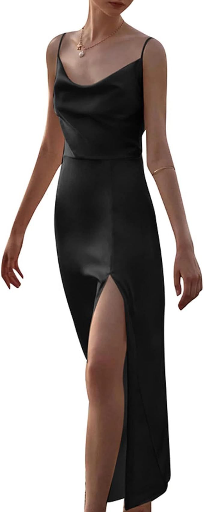 KMBANGI Women Elegant Satin Long Dress Halter Maxi Cocktail Dress Backless Spaghetti Strap Split ... | Amazon (US)