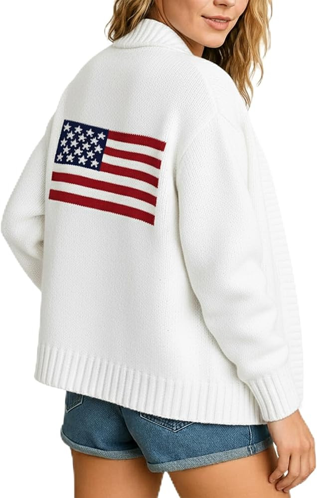Grewear American Flag Knit Sweater Cardigan for Women USA Flag Star Stripe Print Open Front Knitw... | Amazon (US)