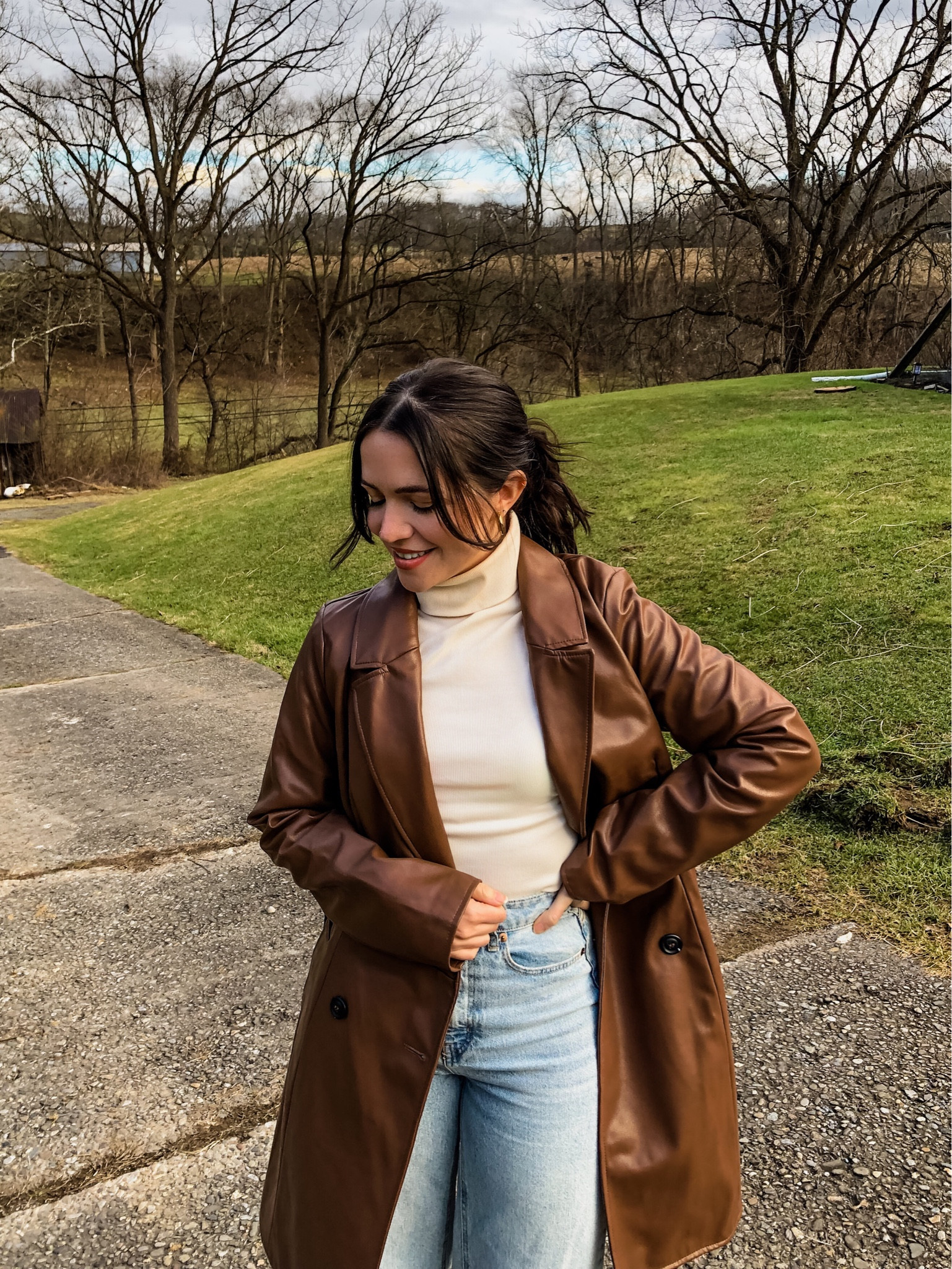 Cream faux leather crop trench coat curated on LTK