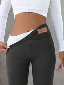 1 PC Comfortable Snow Down Warm Plush Leggings, Casual Elastic Pockets Long High Waisted Leggings... | SHEIN