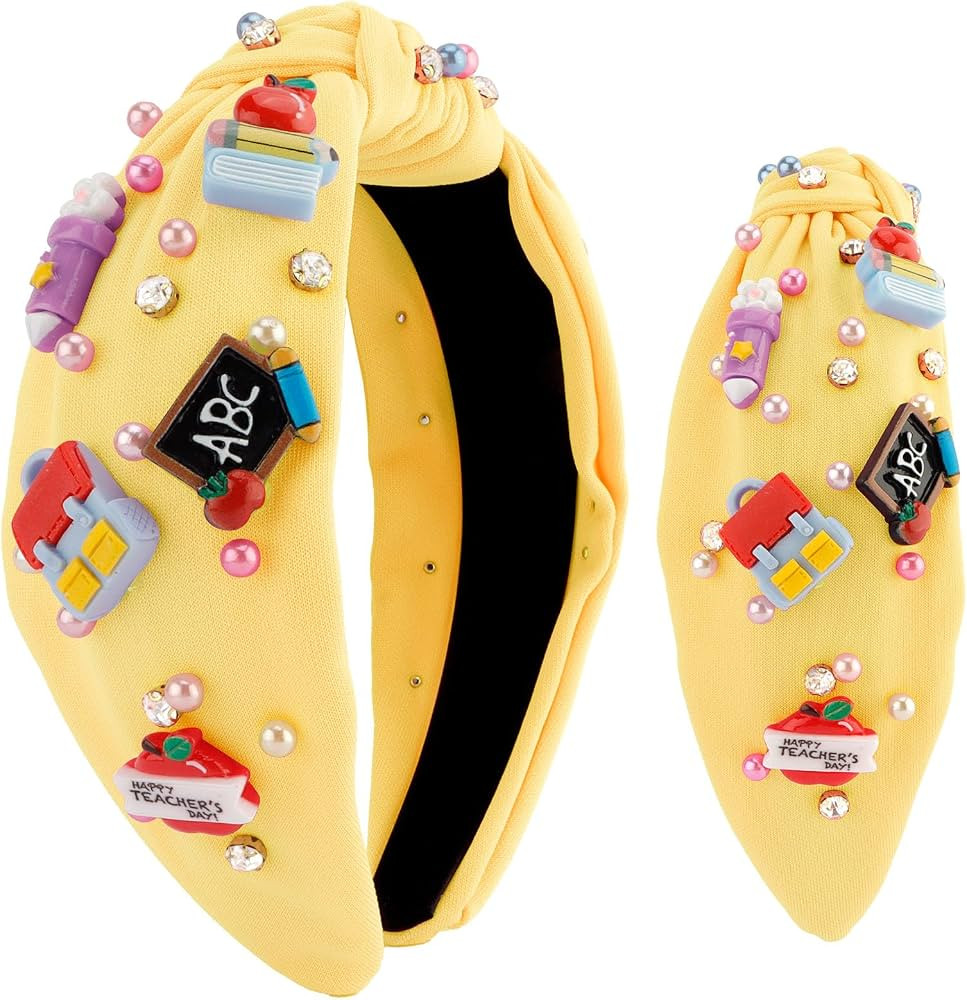 Yellow Teacher Knotted Headband - Back To School Gift Apple Pencil Book Rhinestone Pearl Embellis... | Amazon (US)