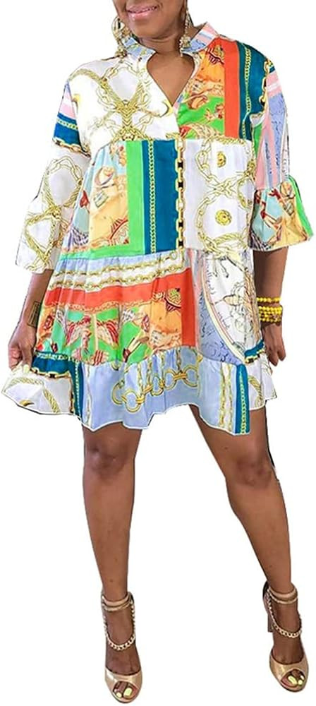 CCIGO Womens Half Sleeve Lapel Collar Solid Color Button Down Shirt Dress | Amazon (US)