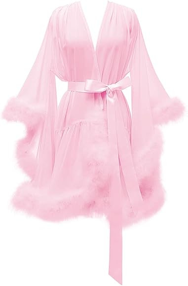 Molisa Short Chiffon Bridal Feather Robe Sheer Lingerie Bathrobe Sleepwear Nightgown Wedding Robe... | Amazon (CA)