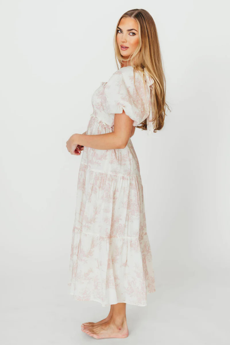 Elena 100% Cotton Toile Print Smocked Midi Dress in Pink - Bump Friend | Worth Collective