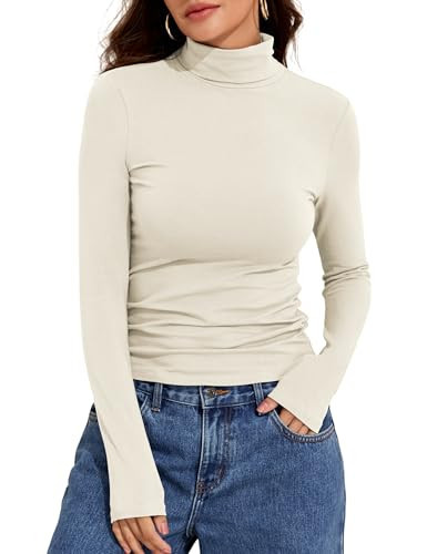 PrettyGuide Women's Mock Turtle Neck Fall Tops Slim Fit Long Sleeve T Shirt Cotton Jersey Tight Tops Undershirt Bone S | Amazon (US)