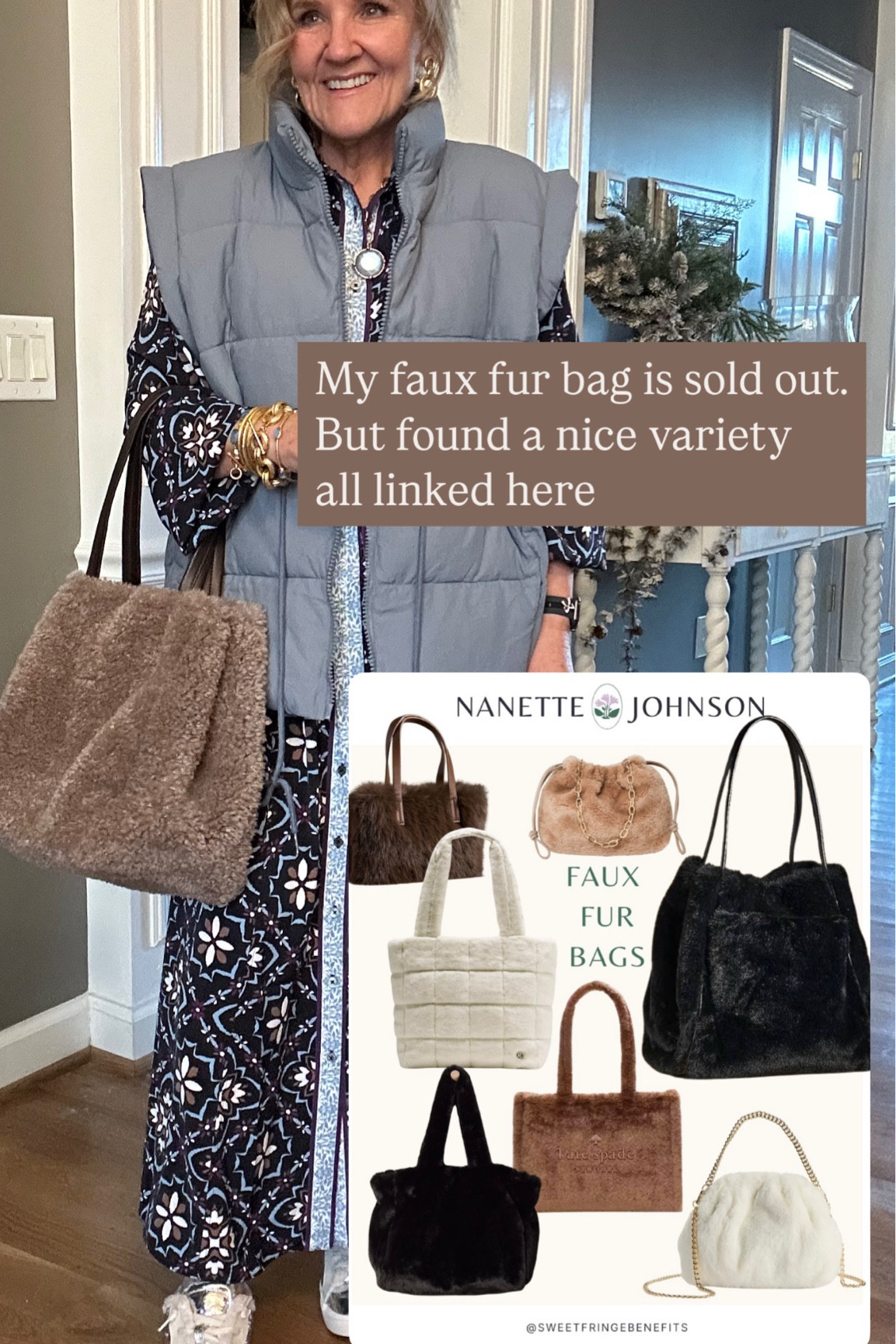 I love this trend! Lots to choose from and different price points! 

Dress size large (size up)
Linking similar puffer vests 
Sherpa sneaker skips on tts 

Casual winter dress blue dress, blue puffer, vest, dress and vest outfit  faux fur totes faux fur bag faux fur purse winter purse 

#LTKOver40 #LTKFindsUnder100 #LTKItBag