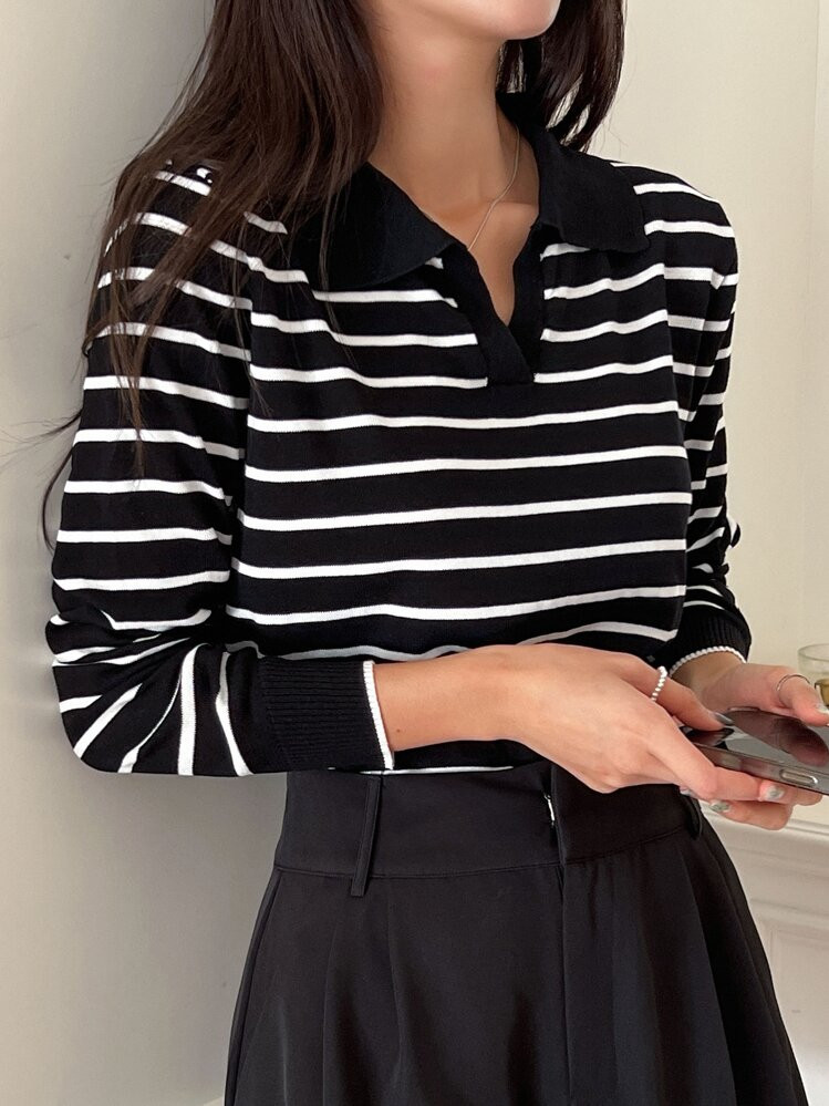 DAZY Striped Pattern Collared Sweater,Long Sleeve Tops Fall | SHEIN