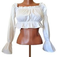 White Crop Top, Off Shoulder Ruffled Dirndl Blouse, Butterfly Sleeve, Vintage Ruched Puff Size S | Etsy (US)