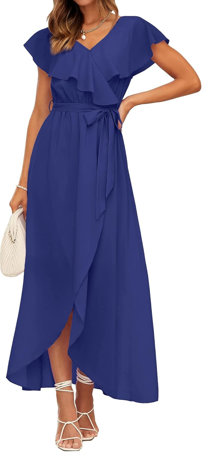 BTFBM Women's Summer Chiffon Maxi Dresses Deep V Neck Ruffle Short Sleeve Beach Party Cocktail Fl... | Amazon (US)