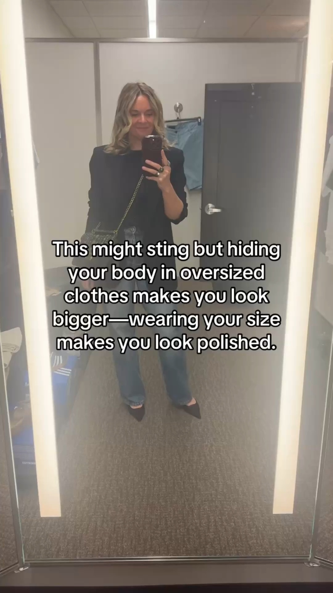 Oversized doesn’t hide anything—it just creates shapelessness. 

Clothes that actually fit your body (not too tight, not swimming on you) will ALWAYS look more polished, more intentional, and more confident. 

The number on the tag doesn’t matter. The fit does. 

Wear your actual size. You’ll immediately look more put-together. 

✨ Follow for honest styling truth 
💬 Comment FIT to learn more about our styling services