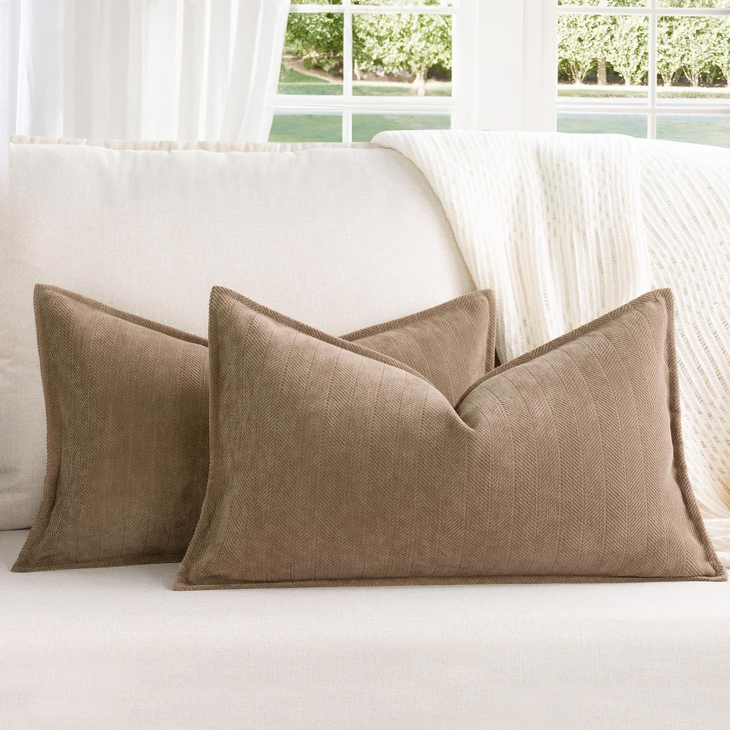 Khaki Pillow Covers 12x20 Set of 2 Chenille Throw Pillow Covers with Elegant Design Soft and Luxurious Decorative Throw Pillows for Couch, Bed, and Home Decor | Amazon (US)