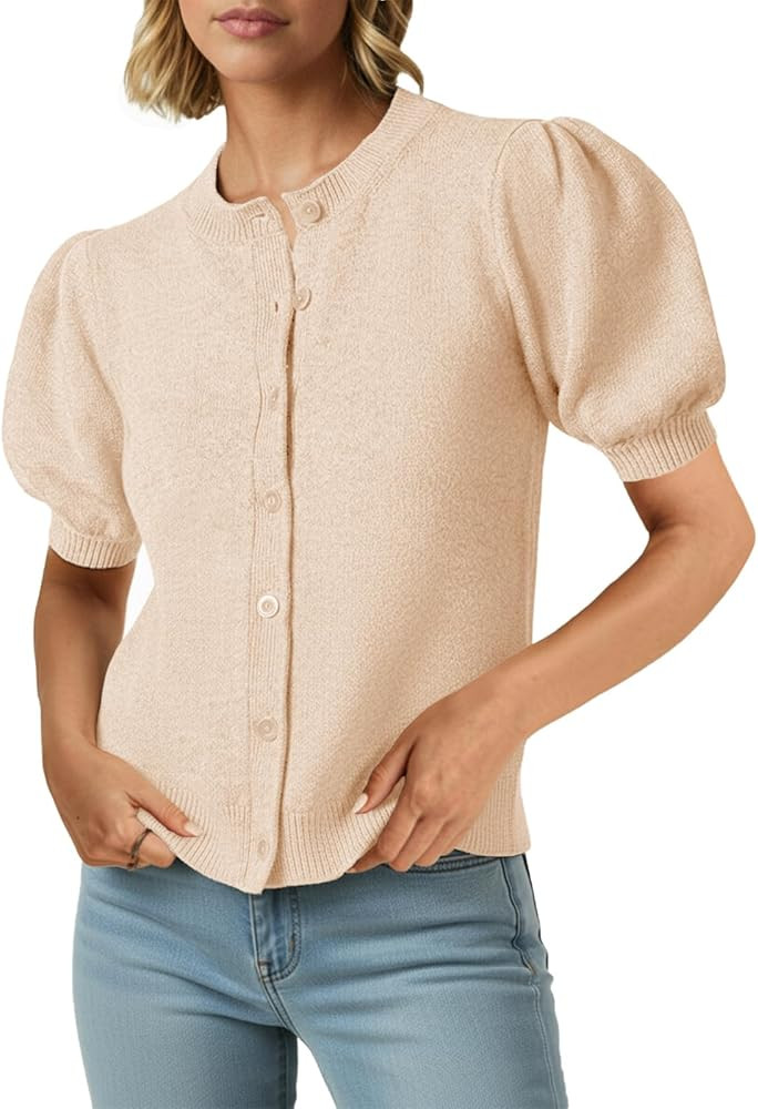 Saodimallsu Womens Puff Short Sleeve Cardigans Casual Summer Button Down Lightweight Knit Crew Ne... | Amazon (US)