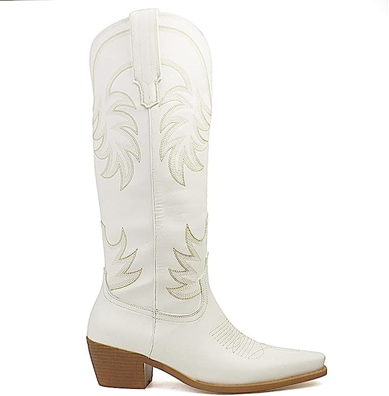 Erocalli White Cowgirl Boot Western Cowboy Mid Calf Boots for Women Embroidered Pull-on Chunky Stack | Amazon (US)