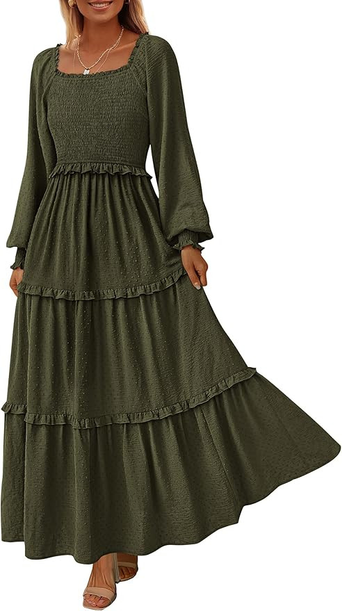 PRETTYGARDEN Fall Dresses for Women 2025 Long Sleeve Smocked Square Neck Swiss Dot Tiered Flowy W... | Amazon (US)