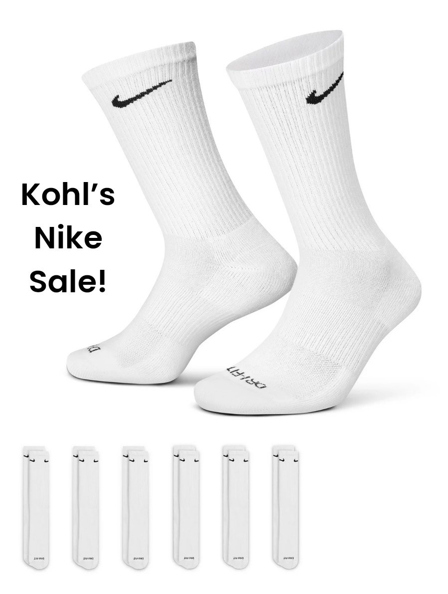 Kohl’s has 6 packs of the incredibly popular Nike Cusioned Crew Training Socks for only $19.50 today!!! PLUS, they are offering $10 off $25 today only 😳 - and it applies to these and select other Nike products that are already on sale!! Very rare deal to take advantage of 🙌🏻 

#LTKSaleAlert #LTKSpringSale #LTKActive