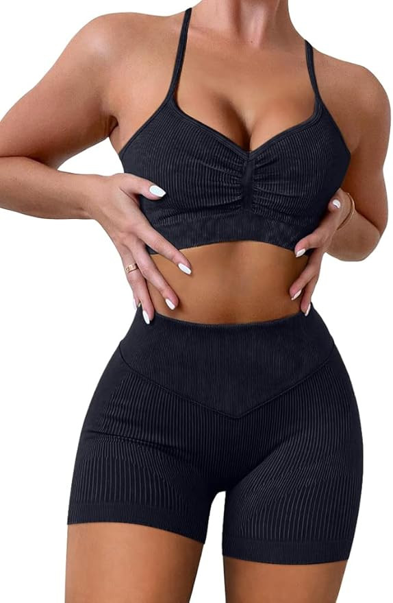 OYS Workout Sets for Women Ribbed Seamless 2 Piece High Waist Yoga Running Shorts Gym Sports Bra ... | Amazon (US)