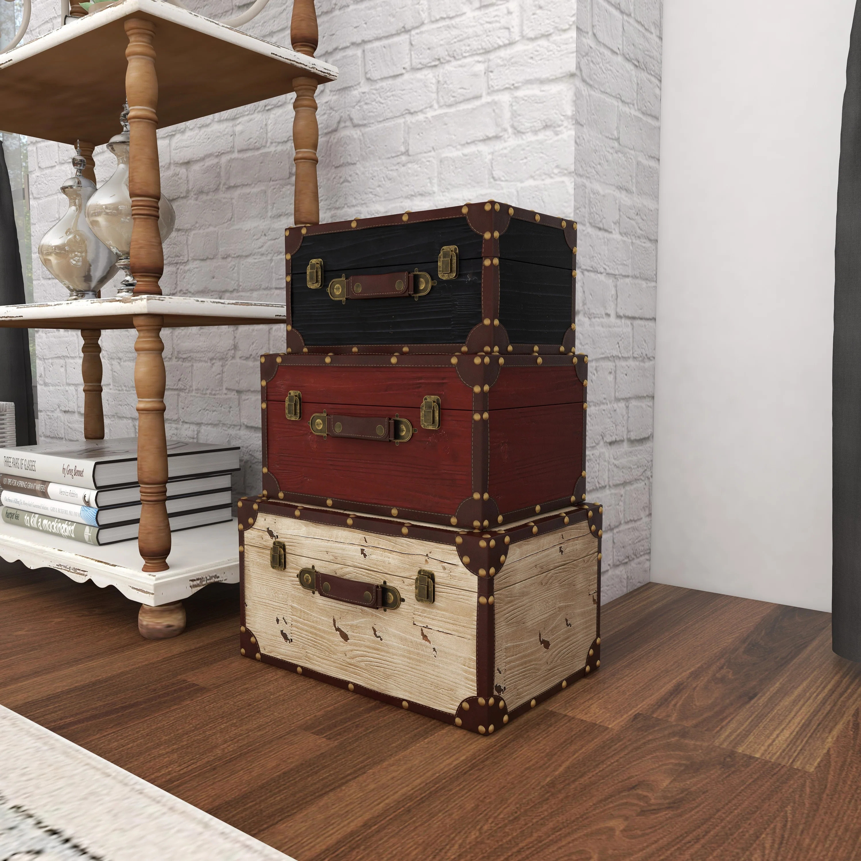 Wooden Nesting Vintage Decorative Multi Colored Trunk with Gold Studs and Brown Leather Accents S... | Wayfair North America