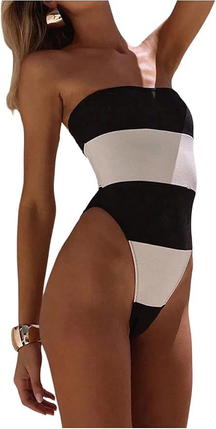 WDIRARA Women's One Piece Color Block Strapless Swimsuit High Cut Bandeau Bathing Suit | Amazon (US)