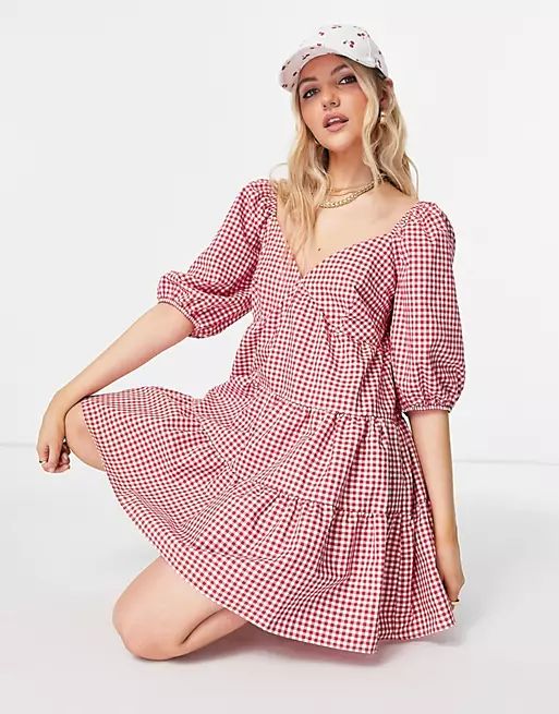 ASOS DESIGN tiered babydoll mini smock dress in red and white gingham | ASOS (Global)
