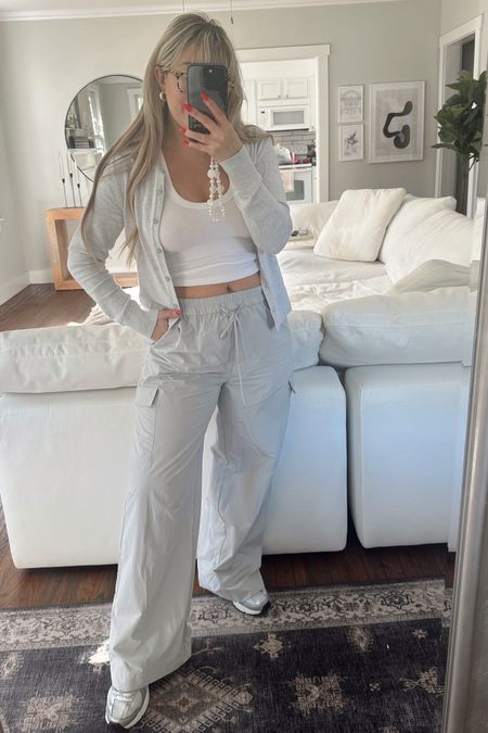 Casual spring outfit for running errands - gray spring cargo pants with a white crop tank and a lightweight cardigan 

#LTKstyletip #LTKfindsunder50 #LTKfindsunder100