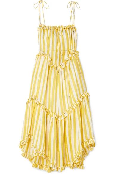 Zimmermann - Lumino Asymmetric Ruffled Striped Linen Midi Dress - Yellow | NET-A-PORTER (US)