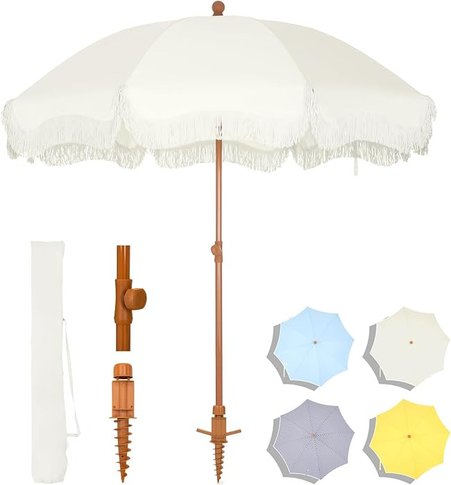 MFSTUDIO 7ft Patio Beach Umbrella with Fringe, Tassel Umbrellas UPF50+ with Sand Anchor & Tilt Bu... | Amazon (US)