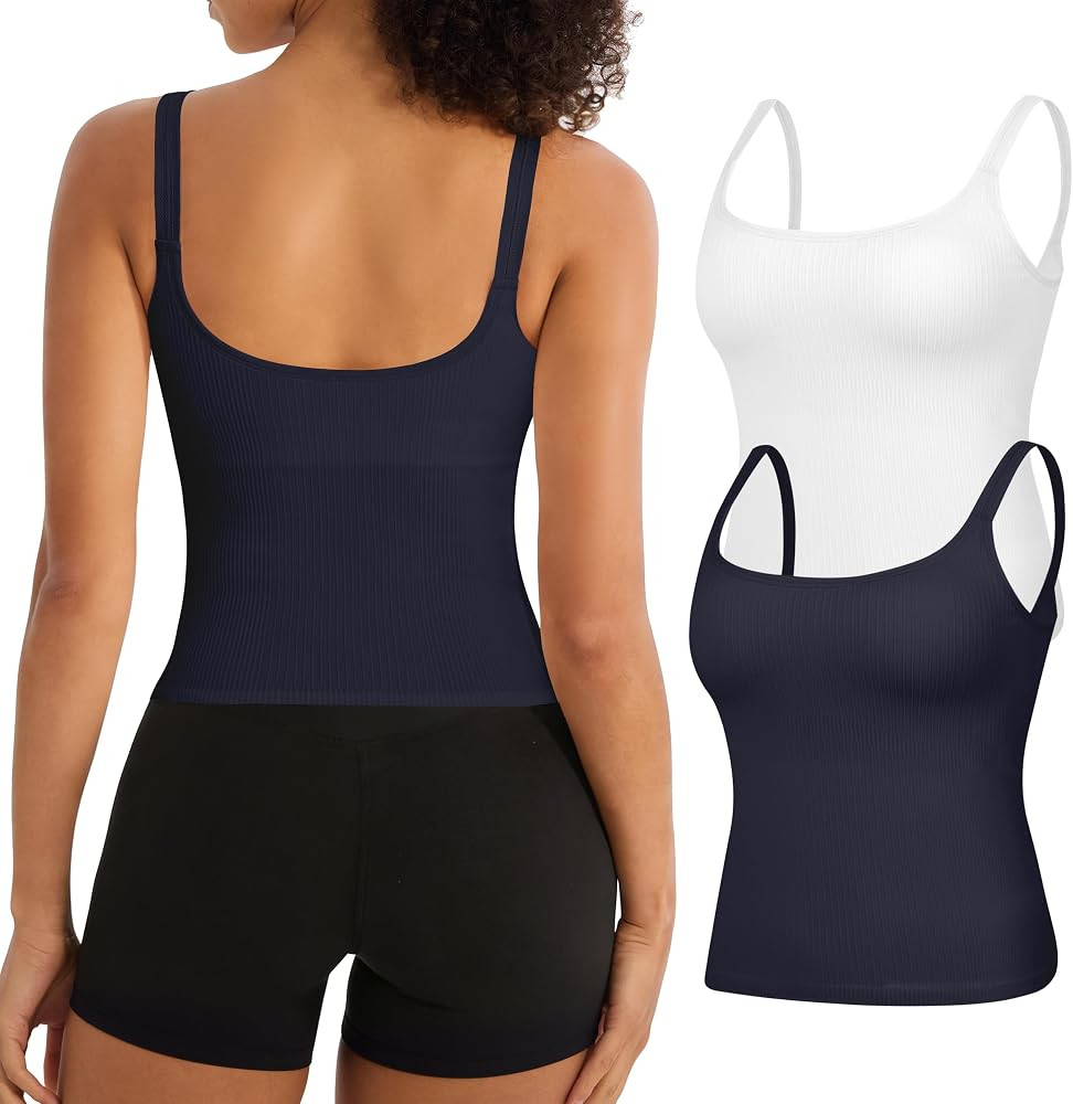 2 Pack Womens Workout Tank Tops with Built in Bra U Back Seamless Ribbed Athletic Yoga Gym Crop T... | Amazon (US)