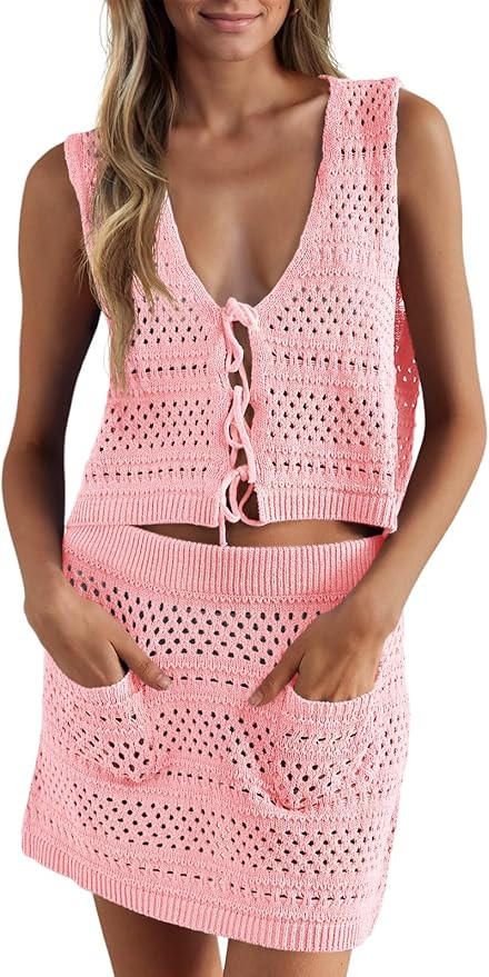 Saodimallsu Womens Crochet Swim Cover Up 2 Piece V Neck Sleeveless Front Tie Crop Tops Beach Mini... | Amazon (US)
