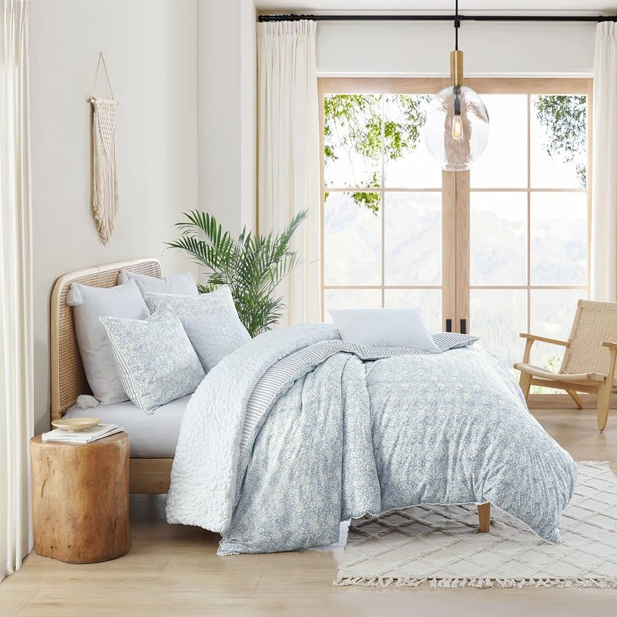 Peri Home 100% Cotton 3-Piece Duvet Cover and Sham Set, Full/Queen, Blue Ikat Eyelet | Amazon (US)