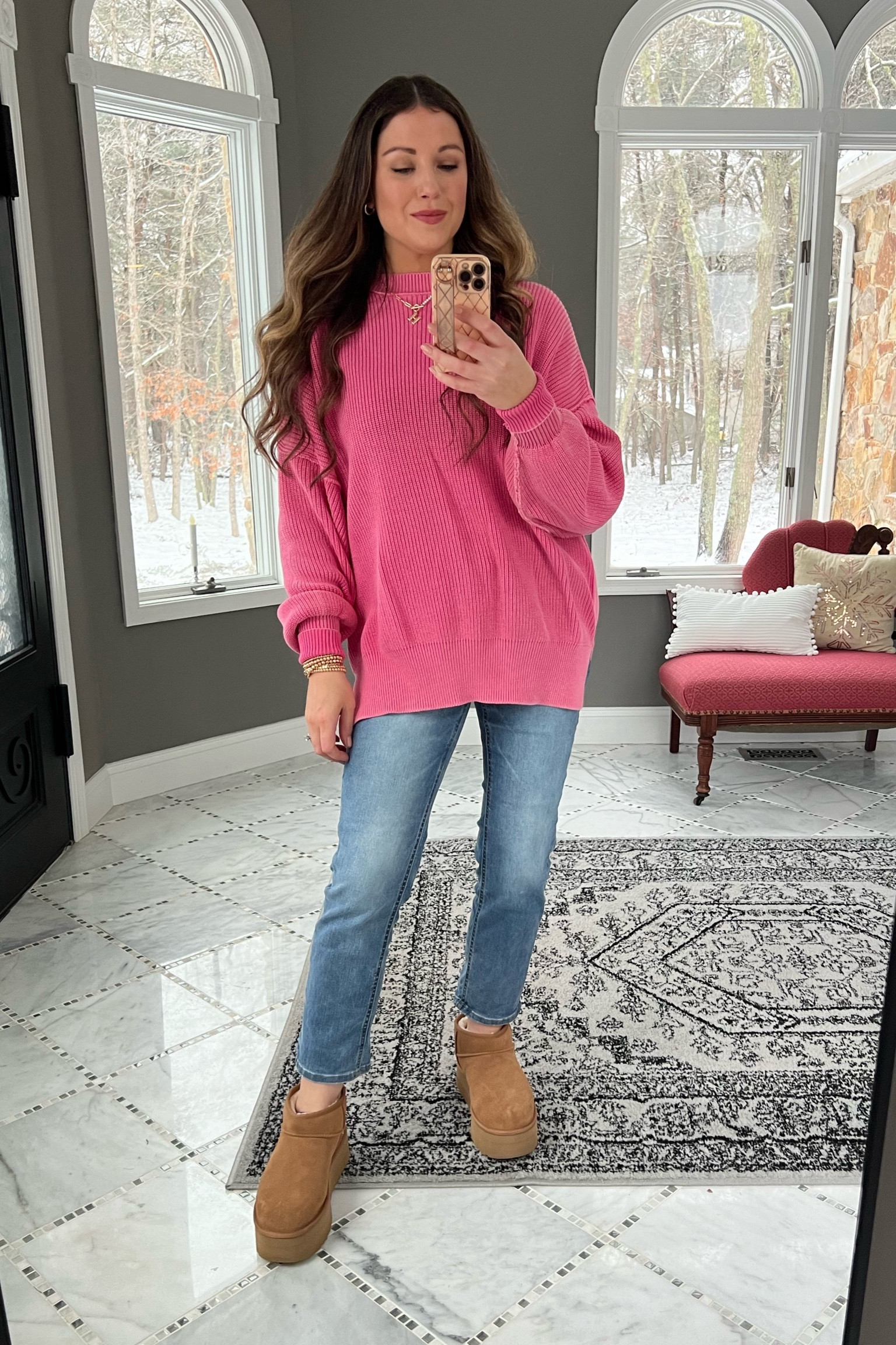 Valentine’s Day outfit, pink sweater, straight leg jeans, platform Uggs, aerie sweater, valentines casual looks, casual Valentine’s Day outfit, galentines party, galentines brunch 

#LTKSeasonal #LTKparties #LTKstyletip