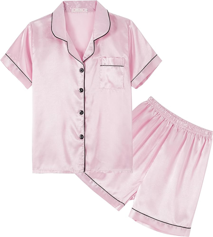 Unisex Kids Boys and Girls Pajama Sets Summer Short Sleeve With Shorts Sleepwear Silky Button Dow... | Amazon (US)