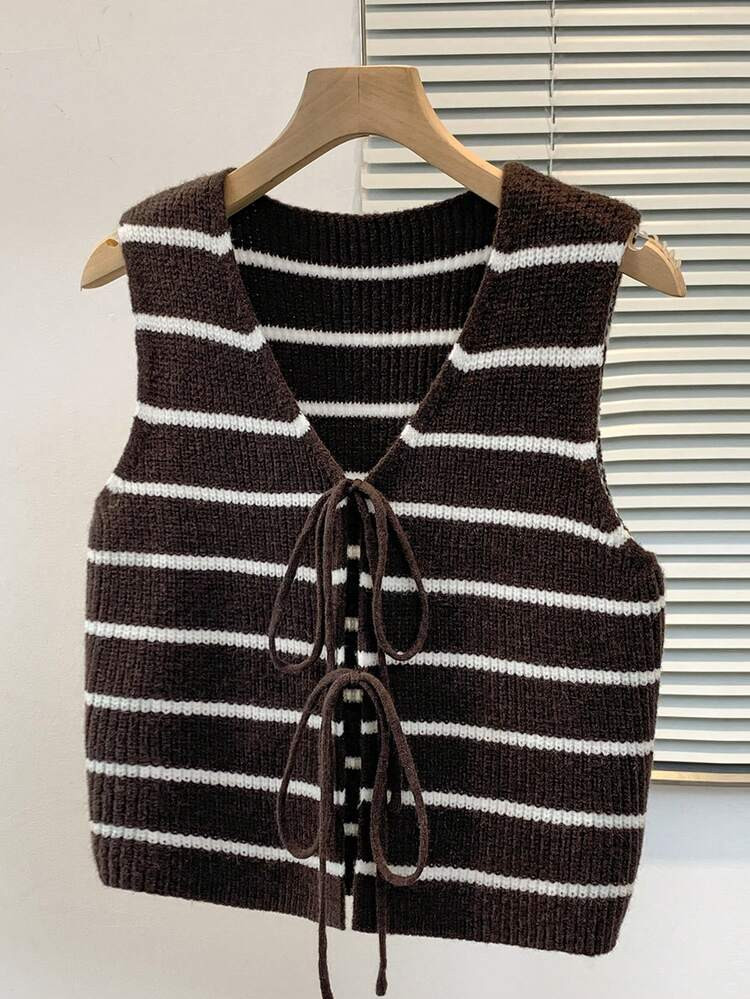 INAWLY Women's Striped Front Tie Casual Knit Vest, Autumn/Winter | SHEIN