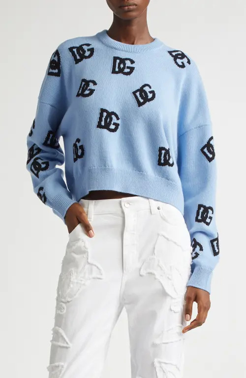 Dolce&Gabbana Logo Jacquard Virgin Wool Crewneck Sweater in B0143 Celeste Chiaro at Nordstrom, Size 12 Us | Nordstrom