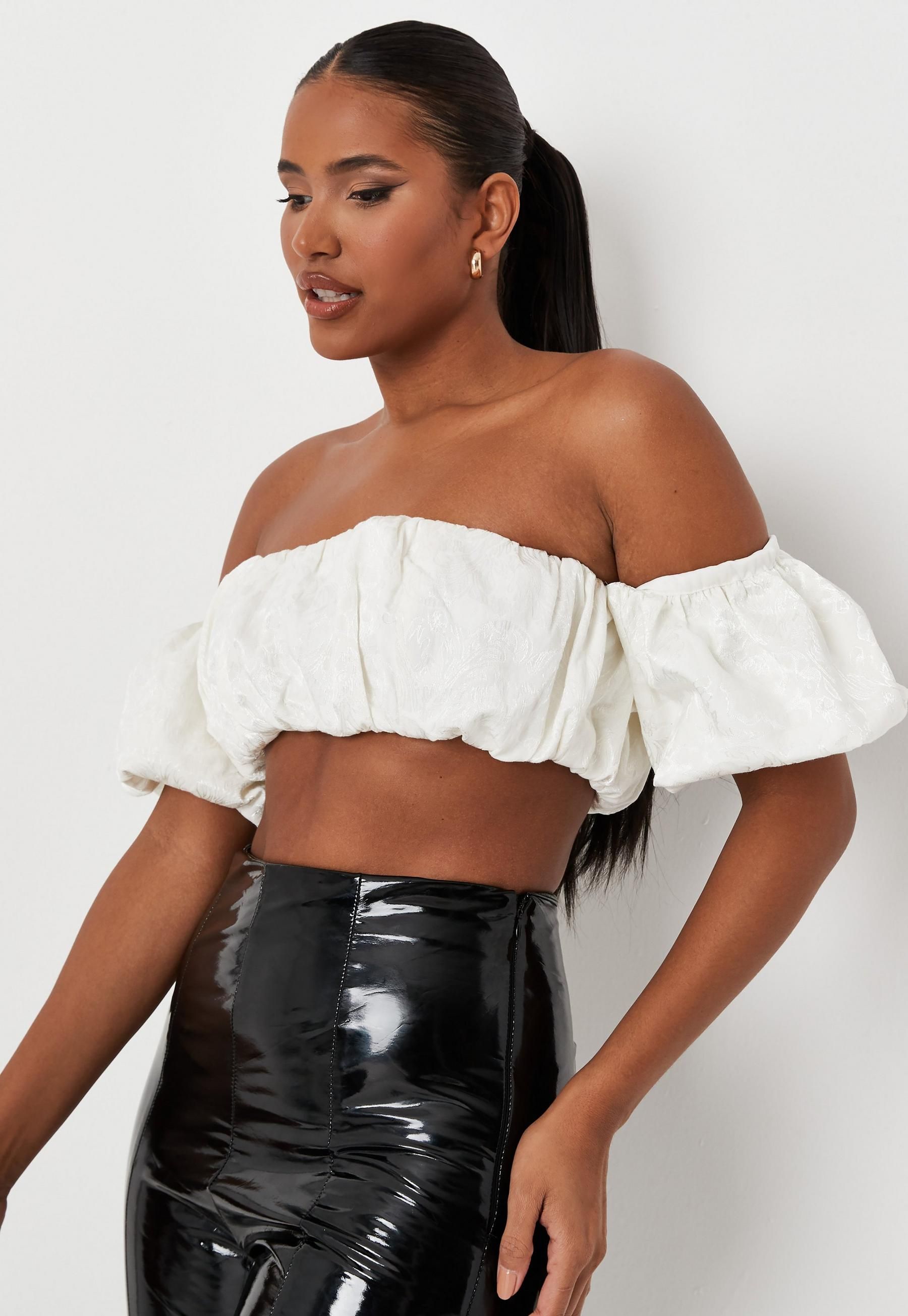 Cream Co Ord Floral Jacquard Ruched Bardot Crop Top | Missguided (UK & IE)