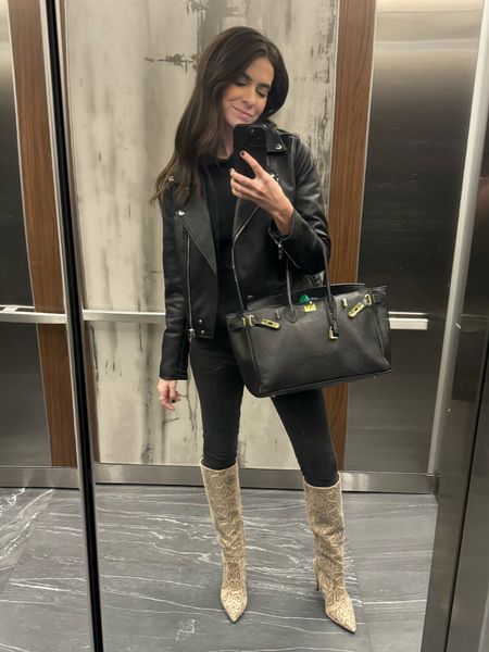 Casual Friday at work, leather jacket, Abercrombie jeans, snake boots, knee high boots, spring outfits, neutral outfits, all black outfit 

#LTKfindsunder100 #LTKshoecrush #LTKstyletip