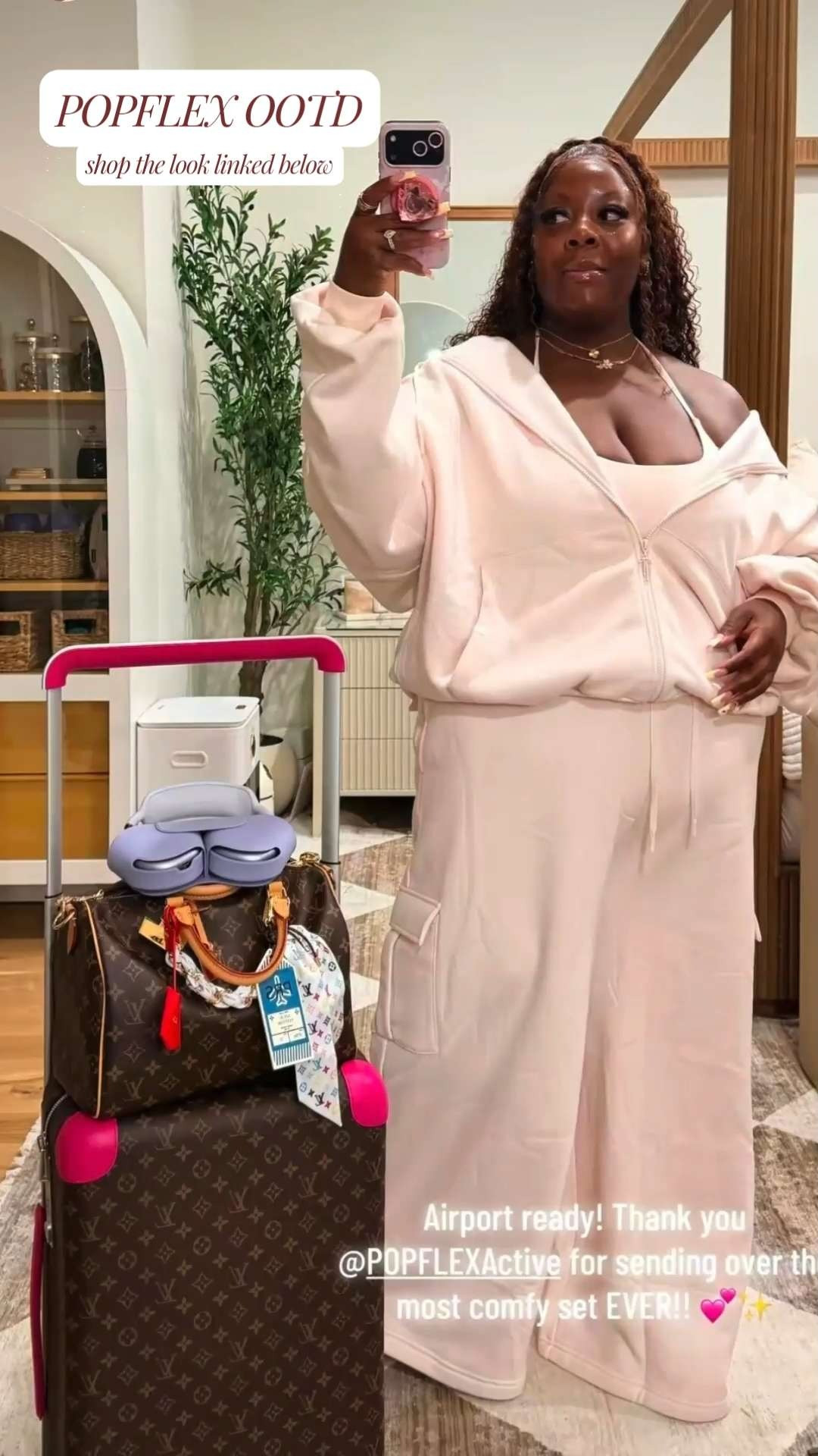 Airport ready in the absolute dreamiest travel look! ✈️💖 A huge thank you to @POPFLEXActive for sending over the most comfortable lounge set EVER! It is soft, cozy, and perfectly oversized for a long travel day. ☁️✨ I’ve paired this stunning light pink set with my go-to luxury travel bags and accessories to complete the ultimate passenger princess vibe. 🎀👜 The jacket I'm wearing is limited edition so get it while you can linked below! Follow for more @OPERATION_NIKI on IG, TikTok, & Facebook #POPFLEX #AirportStyle #TravelOOTD #PassengerPrincess #PlusSizeTravel #CurvyStyle #ComfyChic #Loungewear #TravelEssentials #LouisVuitton #AirportFit #MirrorSelfie

#LTKootd #LTKMidsize #LTKPlusSize #LTKTravel