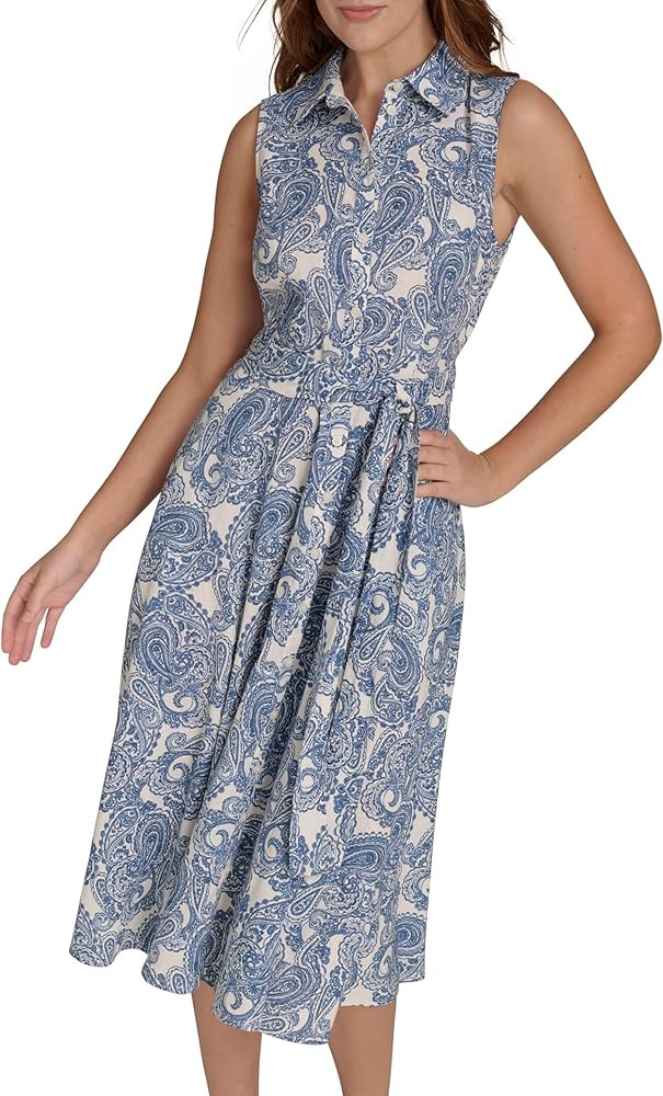 Tommy Hilfiger Women's Sleeveless Collared Button Front Tie Waist Midi Shirt Dress | Amazon (US)