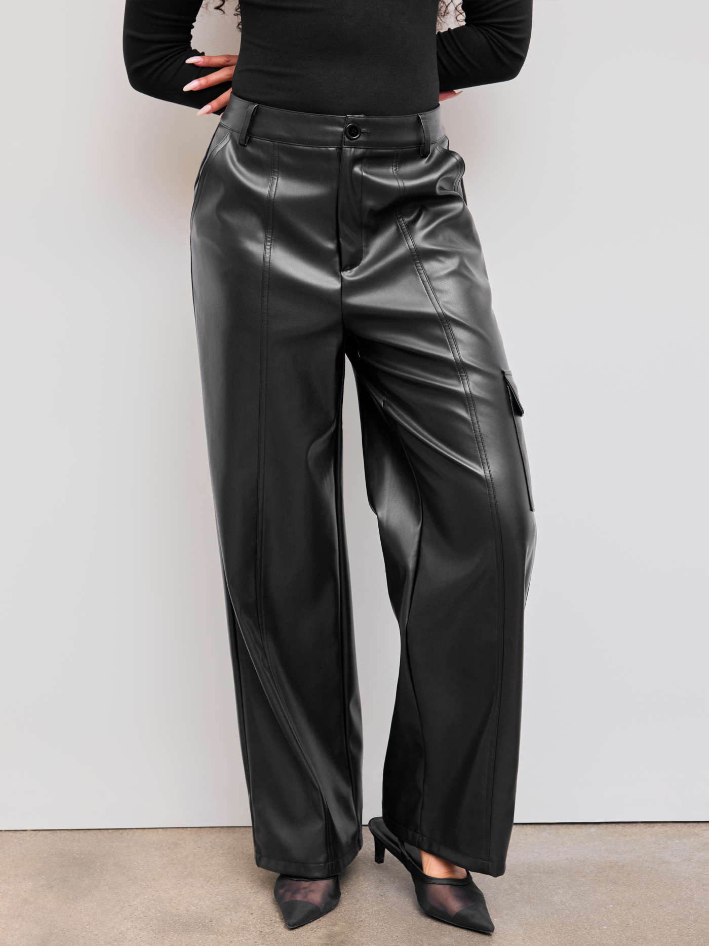 Faux Leather Mid Rise Solid Button Pocket Straight Leg Trousers | Cider