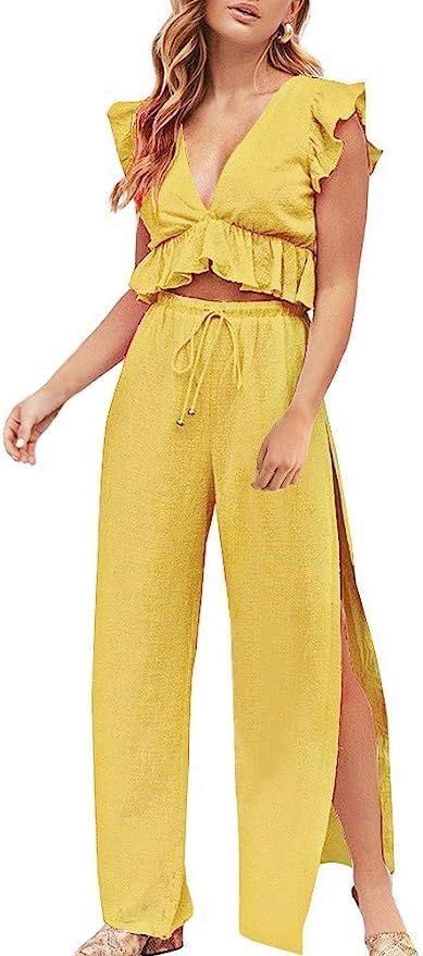 FANCYINN Womens 2 Pieces Outfits Deep V Neck Crop Top Side Slit Drawstring Wide Leg Pants Set Jum... | Amazon (US)