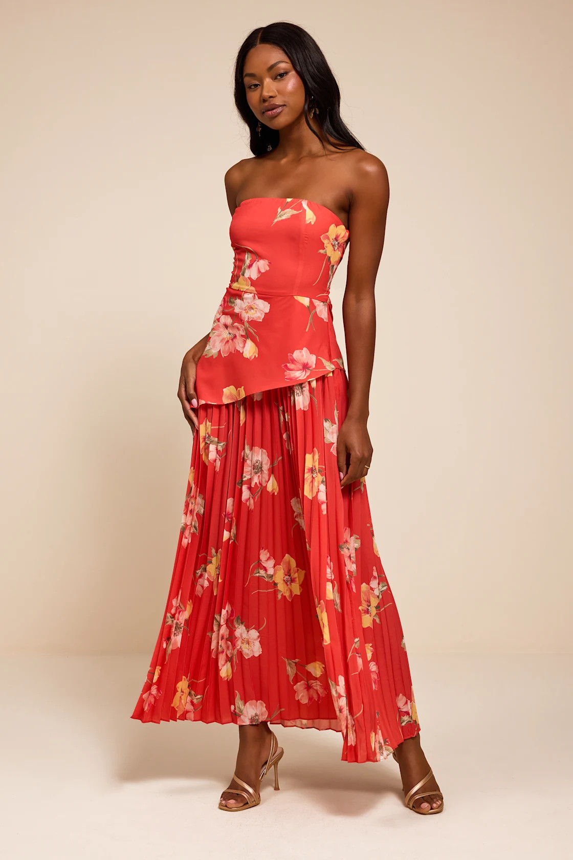 Novena Red Orange Multi Floral Drop Waist Midi Dress | Lulus