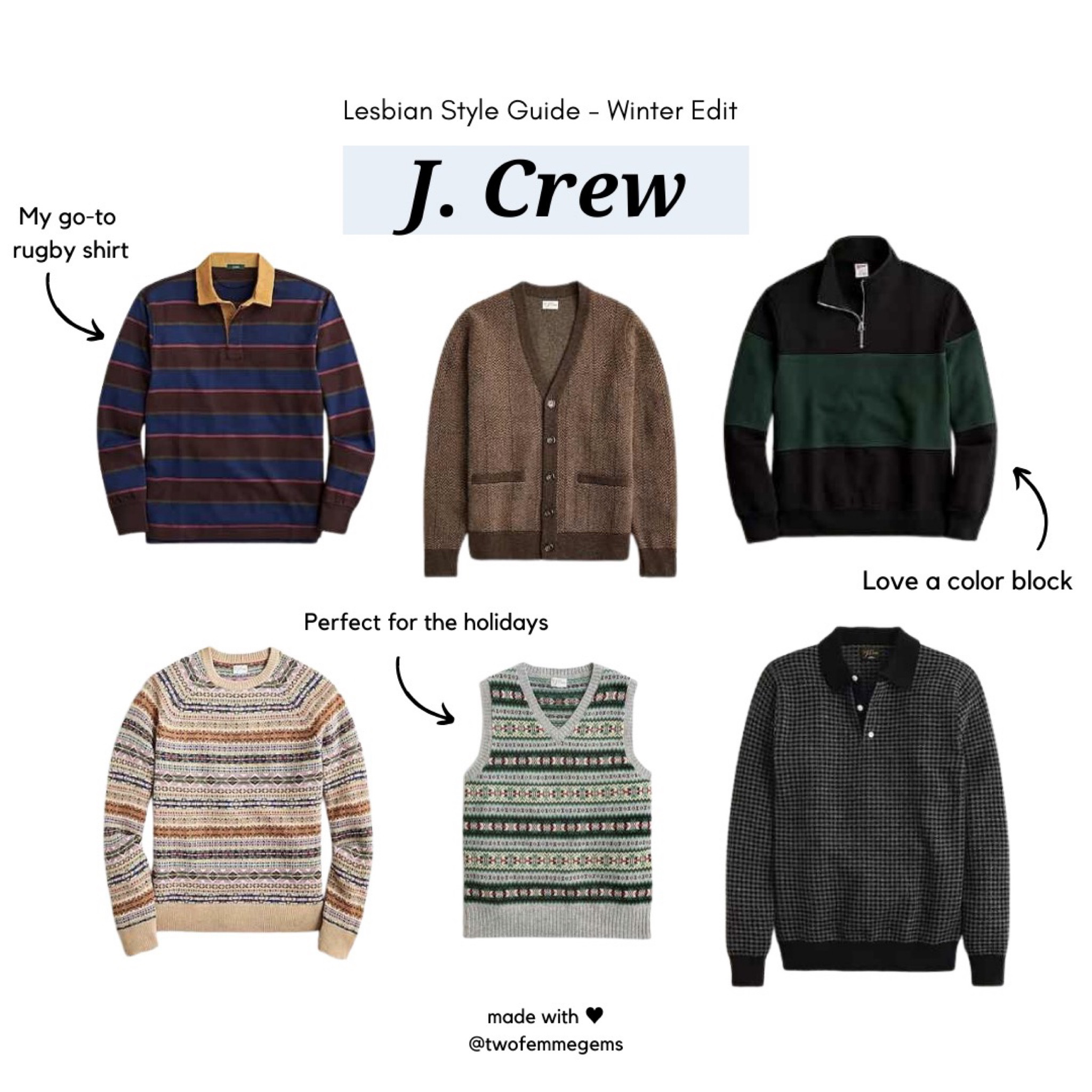 Winter masc lesbian fits 🏳️‍🌈

J. Crew has become one of my favorite stores for quintessential dad sweaters and fun color blocks. The men’s section of any store is hit or miss with me and my body shape, but I have had great luck with tops from J. Crew men’s. I especially love their fall and winter clothes! They are high-quality statement pieces that make great casual wear or more formal work wear ✨

Here are a few of my favorites this season. I wear a small in these, and I am 5’6’’ and typically a size 10 women’s for reference. 

#LTKHoliday #LTKSeasonal #LTKmidsize