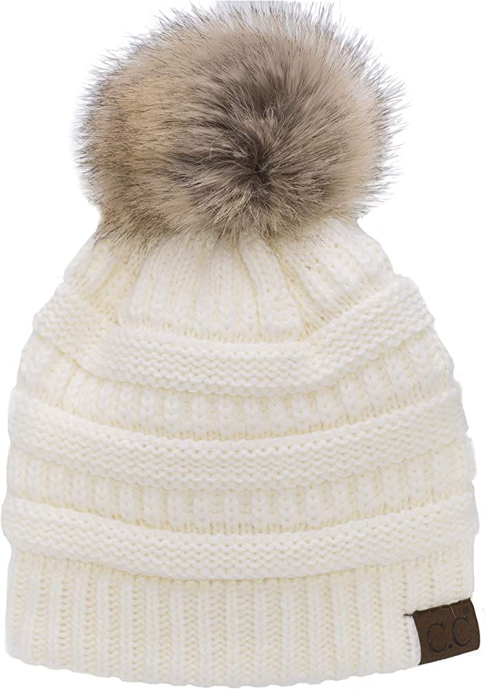 C.C Trendy Warm Soft Stretch Cable Knit Ribbed Faux Fur Pom Pom Fuzzy Sherpa Fleece Lined Skull Cap  | Amazon (US)