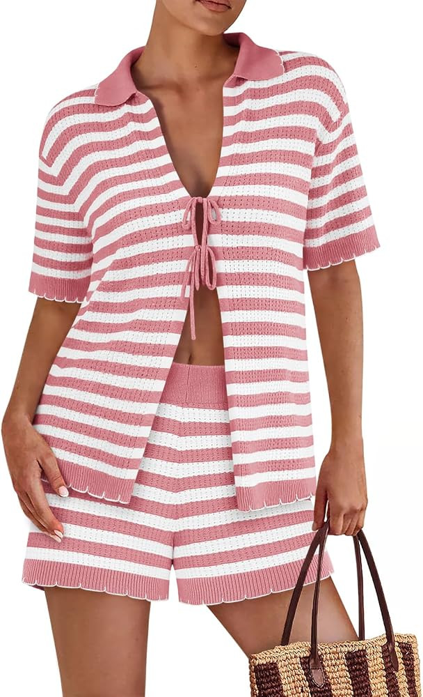 Womens 2 Piece Pajama Set Striped Knit Lounge Sets Short Sleeve Tie Front Top and Shorts Set 2025... | Amazon (US)